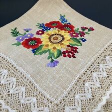 Vintage Hand Embroidered Sunflower Tablecloth 35” Square Crewel Flowers Boho picture