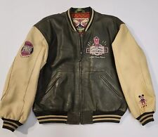 Vtg 90's Disney Store Brown Trader Mickey Leather Letterman Jacket - Size Large picture