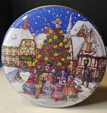 Vintage Hartin Caroling Holiday Christmas Village Tree Round Blue Tin picture