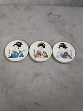 Vintage Heisei Japanese Geisha 3 Plates / Coasters 3 1/4 Inch Diameter picture