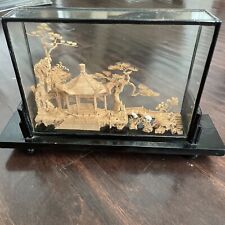 Vintage Chinese Cork Art Hand Carved Diorama Pagoda Cranes Trees picture