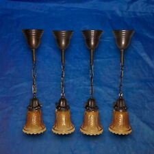 Set Of Four 4 Brass Pendant Lights With Amber Shades 89C picture