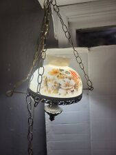 Vintage Ceiling Light Fixture Painted Flowers Hurricane Glass Swag Lamp Light picture