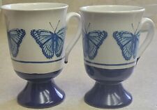 Pair of Vintage 1970s Blue Butterfly Pedestal Coffee or Tea Cups  picture