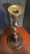 12 1/4” English Oak Barley Twist Candlestick With Brass Top picture