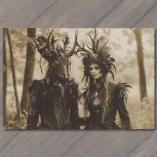 POSTCARD Forest Encounter Antlered Man Woman Deer Mask Weird Creepy Cult Strange picture