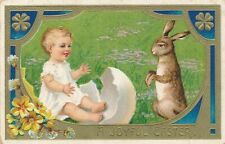 EASTER - Rabbit Looking At Baby In Egg A Joyful Easter Postcard - 1911 picture