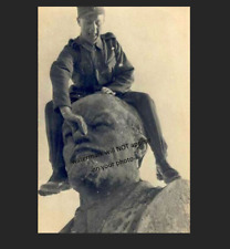German Soldier Atop Lenin Statue PHOTO Monument World War II 1941 Minsk Belarus picture