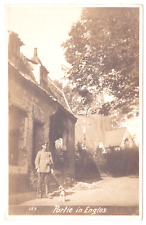 WW1 WWI Era Soldier Uniform Dog Leash Cane Damaged Building Church Crucifix RPPC picture