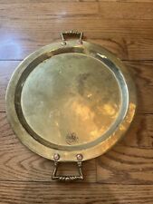 Stamped Russian Tula hammered brass round serving tray or samovar w/ handles picture