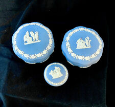 UK Wedgwood Blue Jasperware  Set of 3  Boxes w/Lids and Grecian decor picture