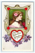 c1910's Valentine Greetings Pretty Girl Pink Flowers Hearts Embossed Postcard picture