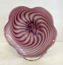 VTG 1980s free form Hand Blown Flower Pink & White Swirl Stripe art glass dish picture