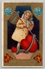 c1910 Gold Embossed Valentine Girl Heart Forget Me Nots Flowers Vintage Postcard picture