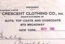 1937 CRESCENT CLOTHING CO SUITS TOP COATS OVERCOATS NY BILLHEAD STATEMENT Z379 picture