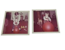 2 Lot 1972 Photo Color Vtg Snapshot Boy on Hoppity Hop Ball Toys Dog Living Room picture