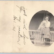 c1900s Cute Woman Smile Little Dog RPPC Win. (Winthrop) & Storm Lake RPO IA A186 picture