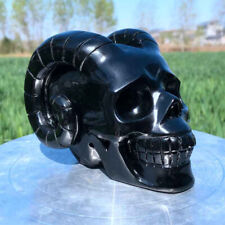 2.64LB Natural Obsidian Quartz Carved Crystal Sheep's Horn Skull Reiki.XK3340 picture
