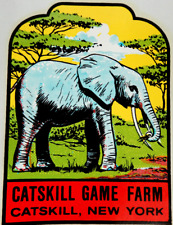 CATSKILL GAME FARM New York WATER SLIDE DECAL CAR Souvenir ELEPHANT Luggage 50's picture