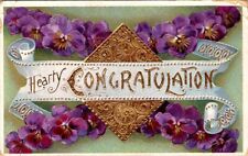 Vintage postcard - HEARTY CONGRATULATIONS w/ flowers embossed posted 1912 picture
