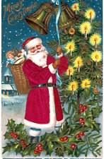 Silk Santa Claus Rings Bells~Basket of Toys~Antique Christmas Postcard~h856 picture