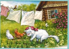 R.Zenyuk LIFE IN VILLAGE Cat Chicken Bird Flowers Veggies Russian postcard picture