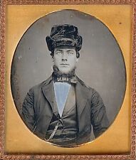 Handsome Light Eyed Bearded Man Wearing Unusual Hat 1/6 Plate Daguerreotype S419 picture