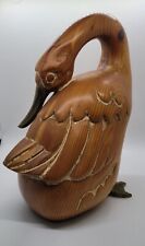 Vintage Wood Carved Duck With Brass Feet And Bill 11.25 T X 9.5 W picture