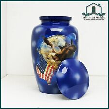 Flying Eagle USA Flag Blue Cremation Urn for Human Ashes Funeral Urn Handcrafted picture