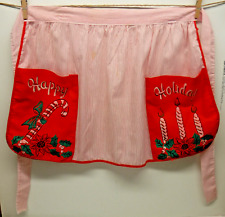 Vtg 1960s Hostess Half APRON Red Stripe Christmas Candy Cane & Candles w/Pockets picture