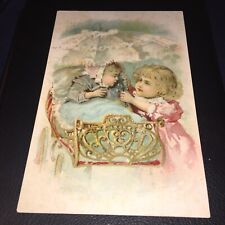 VICTORIAN 1880’s BABY IN STROLLER WITH SISTER HOLDING AN UMBRELLA OVER HER CARD picture