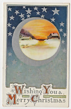Christmas Vintage Postcard Silver Crescent Moon Stars Cabin Barn Winter Scene picture