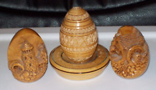 3 Vintage Carved Rustic Wooden Eggs ~ Cabin Scene ~ Lighthouse ~ on Plate picture