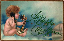 HAPPY NEW YEAR Embossed Baby on Phone c1908 Postcard picture