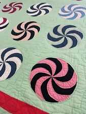 Vintage 30s 40s Christmas Peppermint Swirl Quilt Green Red Hand Stitched 71x80 picture
