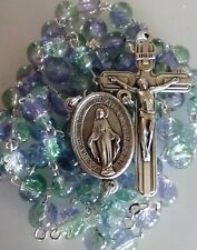 Beautiful Catholic Blue Purple Green Crackle Glass Rosary  picture