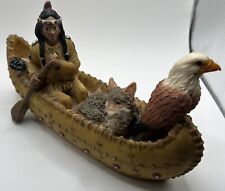 Vintage Native American Indian in Canoe w/ Wolf & Bald Eagle Resin Sculpture picture