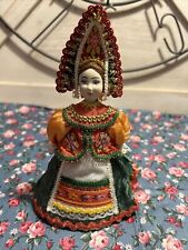 Folk Art Vintage Charming Russian Cone Doll Porcelain Face Hands - Orange/Green picture