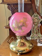 Superb Rare Antique Hollins Brass Kerosene Oil Lamp w/ 9” Pink Gilt Dragon Shade picture