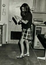 Girl Dark Hair Plaid Skirt Walking Vintage B&W Photograph Snapshot 4.5 x 6.5 picture