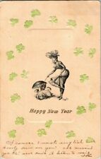 1906. HAPPY NEW YEAR 4 LEAF CLOVERS. PIG & MUSHROOM. POSTCARD RR11 picture