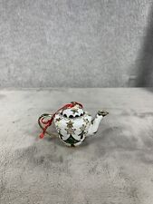 Cloisonné Christmas Ornament Teapot Holly Trees White Enameled Kettle Gold picture