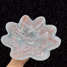Large Recycle Art Glass Bowl Dish Centerpiece Glass Pink White Swirl 12”W 2”T picture