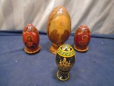 4 VTG Russian Religious Madonna Kremlin Lacquered Eggs Hand Painted Solid Wood picture