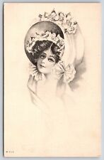 Artist~Lovely Lady~Flower Bonnet~Sepia~1911 Postcard picture