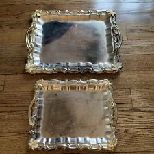 Vintage Set Of 2 Davco Silver Gold Tone Handles Maple Leaves Serving Trays picture