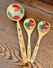 3 Vintage Khokloma Russian Handpainted Wooden Spoons Floral - 1 large, 2 small picture