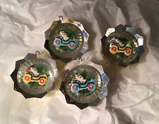 4 Vintage Jewel Brite Diorama Christmas Reflector Ornaments Snowman Jeep Buggy picture
