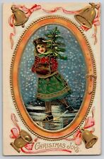 Christmas Joys Little Victorian Girl Skating Holding Tree Postcard 1910s Ser 803 picture