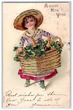 1907 New Year Woman Shamrocks Wine Bottle In Basket Glitter Embossed Postcard picture